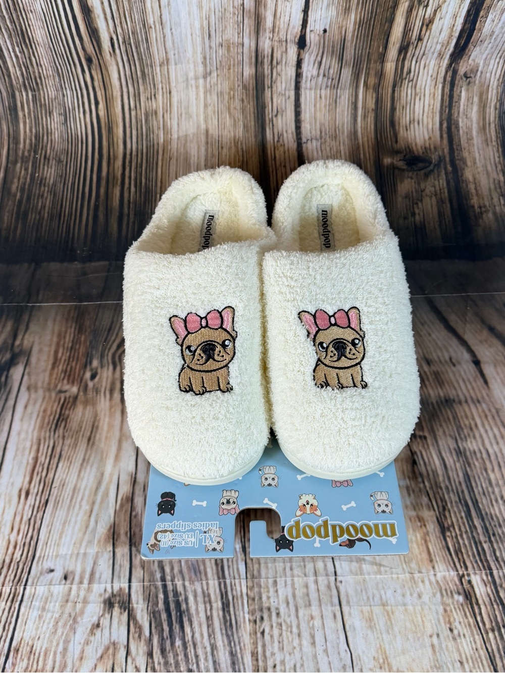 Moodpop Frenchie Slippers Womens XL 11 Ivory Memory Foam French Bulldog NWT Bow